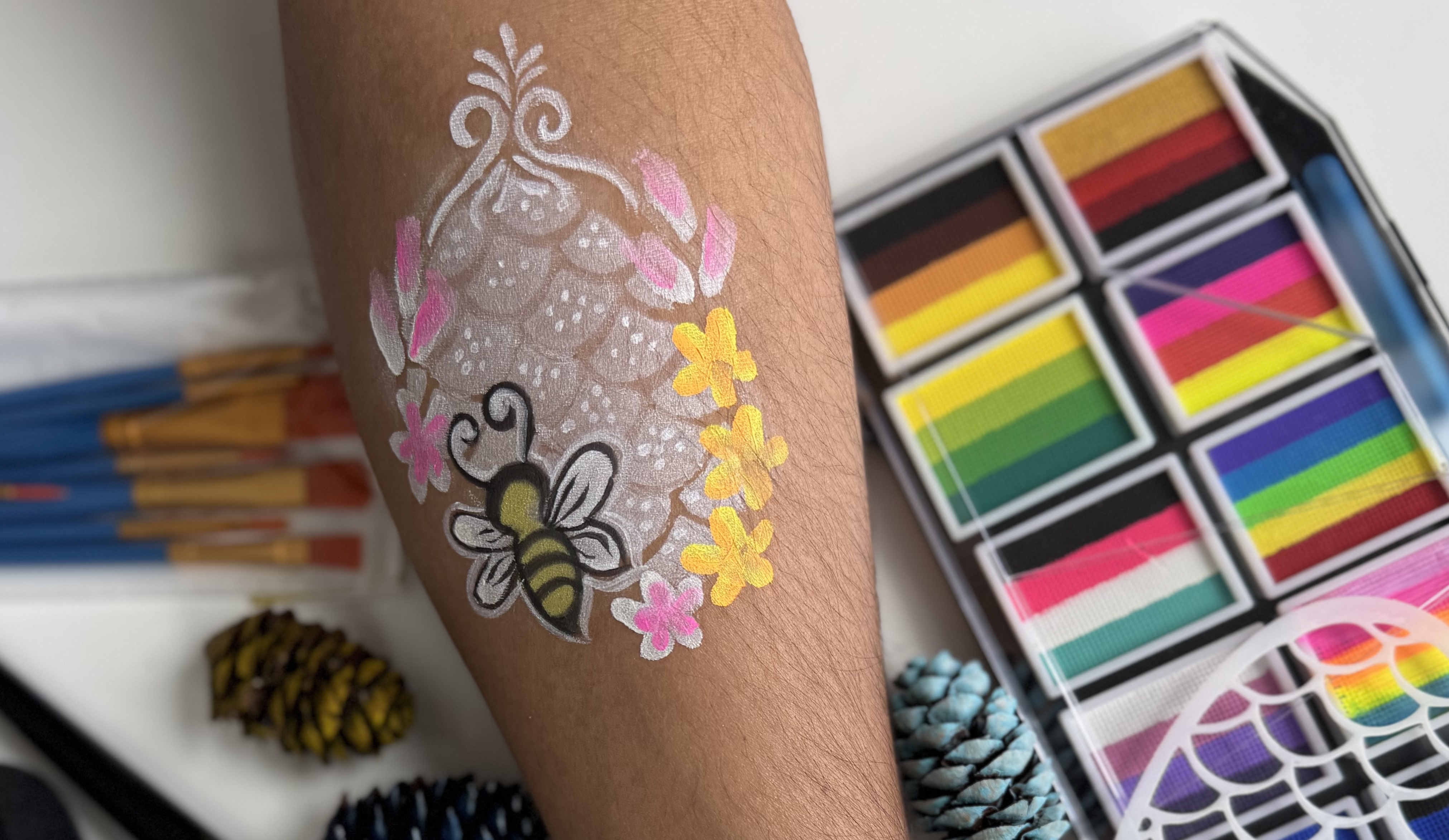 Cute bee with a soft lace web and flowers